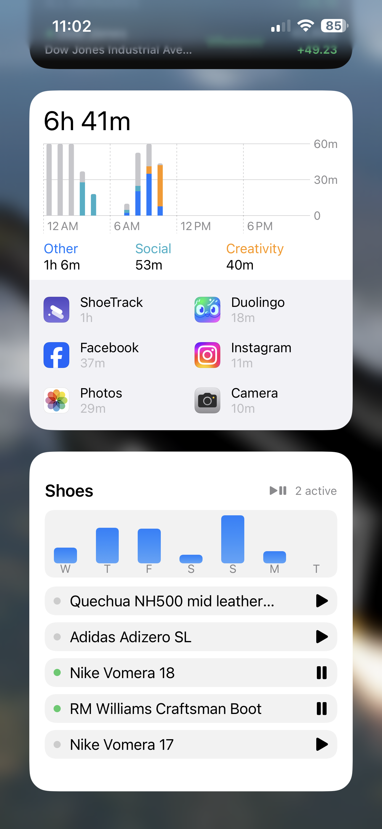ShoeTrack iOS widget with play/pause